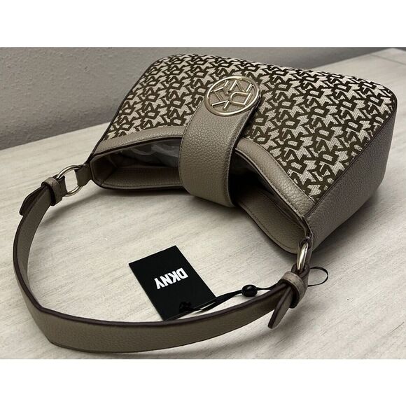 DKNY Bryce Demi Jacquard Monogram Logo Shoulder Bag Brown Beige Taupe - Picture 3 of 9